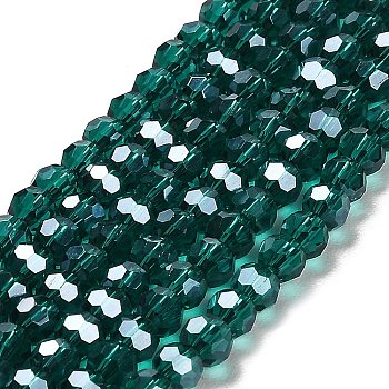 Faceted(32 Facets) Electroplate Glass Bead Strands, Pearl Luster Plated, Round, Teal, 4mm, Hole: 0.5mm; about 100pcs/strand; 14.2 inch