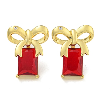 Rack Plating Bowknot Brass Micro Pave Cubic Zirconia Stud Earrings, Cadmium Free & Lead Free, Real 18K Gold Plated, with Glass, Red, 25.5x21mm