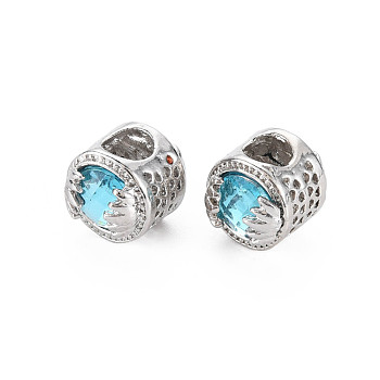 Rack Plating Alloy European Beads, with Resin, Large Hole Beads, Cadmium Free & Nickel Free & Lead Free, Flat Round, Platinum, Sky Blue, 11x13.5mm, Hole: 5.5mm