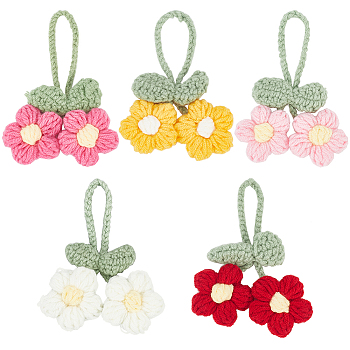 5Pcs 5 Colors Crochet Puff Flower Pendant Decorations with Adjustable Leaf, Cotton Yarn Knitting 5-Petal Flower, for Costume, Bag, Keychain Ornament, Mixed Color, 115x85x12mm, 1pc/color