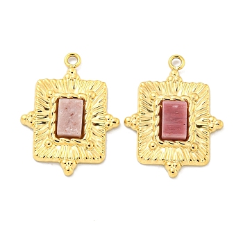 Vacuum Plating 304 Stainless Steel Pendants, Natural Rhodonite Rectangle Charms, Real 18K Gold Plated, 19x14x2.5mm, Hole: 1.2mm