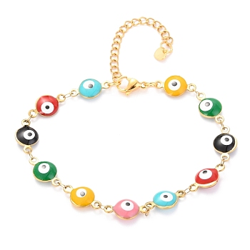 304 Stainless Steel Link Bracelets, with Enamel and Lobster Claw Clasps, Evil Eye, Colorful, Golden, 7-3/4 inch(19.8cm)