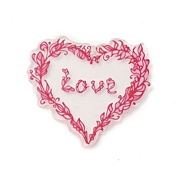 Valentine's Day Theme Acrylic Pendants, Heart with Word Love, Leaf Pattern, 34x37x2mm, Hole: 1.6mm