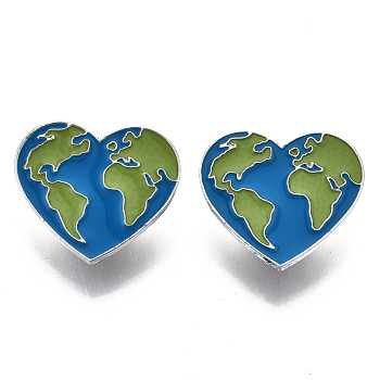 Alloy Brooches, Enamel Pin, with Brass Butterfly Clutches, Heart with Map, Platinum, Blue, 23x26x2mm, Pin: 1mm