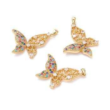 Brass Micro Pave Colorful Cubic Zirconia Charms, Long-Lasting Plated, Lead Free & Cadmium Free & Nickel Free, Butterfly, Real 18K Gold Plated, 33.5x21.5x4mm, Hole: 2.5x4mm