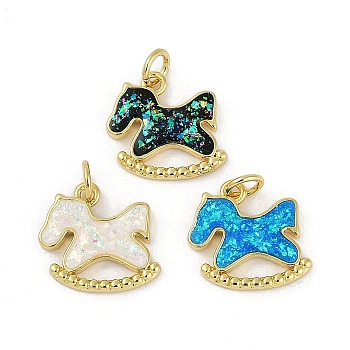 Rack Plating Brass Charms, with Synthetic Opal, Long-Lasting Plated, Lead Free & Cadmium Free, Real 18K Gold Plated, Rocking Horse, Mixed Color, 14x14x2mm, Hole: 3mm