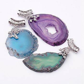 Natural Agate Slices Pendants, Mixed Agate Slabs Charms, with Brass Findings, Dyed, Platinum, Mixed Color, 50~70x30~56x5mm, Hole: 6x5mm