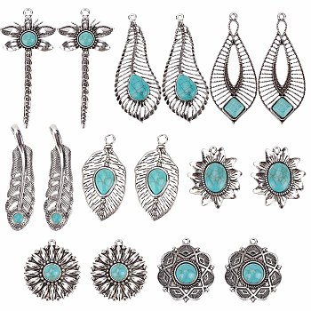 SUNNYCLUE 16Pcs 8 Style Tibetan Style Alloy Big Pendants, with Synthetic Turquoise, Autumn Pendants, Dragonfly & Leaf & Flower, Antique Silver, 34~66.8x15.5~32x6~8.5mm, Hole: 1.6~2.5mm, 2pcs/style