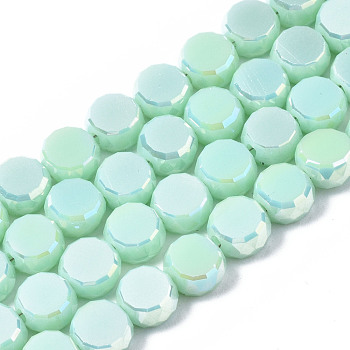 Electroplate Glass Beads Strands, AB Color Plated, Faceted, Flat Round, Light Green, 5.5x6x3.5mm, Hole: 1.2mm, about 98~100pcs/strand, 19.84~21.65 inch(50.4cm~55cm)