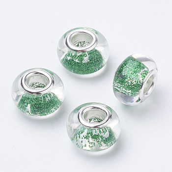 Resin European Beads, Large Hole Beads, with Glitter Powder & Platinum Tone Brass Double Cores, Rondelle, Sea Green, 14x9mm, Hole: 5mm