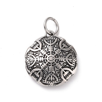 304 Stainless Steel Pendants, with Jump Ring, Flat Round with Helm of Awe, Antique Silver, 30x27x8mm, Hole: 7mm