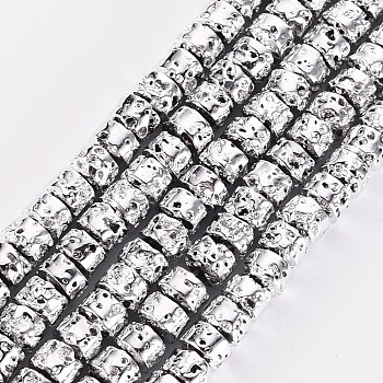 Electroplated Natural Lava Rock Beads Strands, Flat Round/Disc, Heishi Beads, Bumpy, Silver, 4x3mm, Hole: 1mm, about 134pcs/strand, 15.55''(39.5cm)