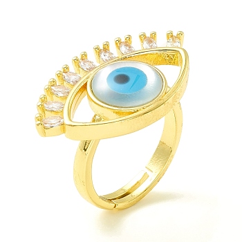 Clear Cubic Zirconia Evil Eye Adjustable Ring, Real 18K Gold Plated Brass Ring for Women, Cadmium Free & Lead Free, Sky Blue, US Size 6 1/2(16.9mm)
