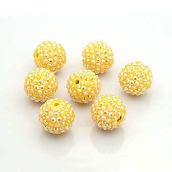 Chunky Resin Rhinestone Bubblegum Ball Beads, AB Color, Round, Gold, 20x18mm, Hole: about 2.5mm
