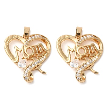 Brass Micro Pave Cubic Zirconia Pendants, Long-Lasting Plated, Heart with Word Mom, Golden, 24x21.5x5.6mm, Hole: 4.2x2.6mm