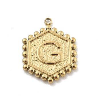 201 Stainless Steel Pendants, Golden, Hexagon with Letter Charm, Letter G, 21x16.5x2mm, Hole: 1.5mm