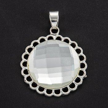 Alloy Pendants, with Glass Cabochon, Flat Round, Platinum, 36x26x5mm, Hole: 6.3x4.5mm