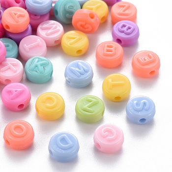 Opaque Acrylic Beads, Flat Round with Letter, Mixed Color, 9x5mm, Hole: 2mm, about 1700pcs/500g