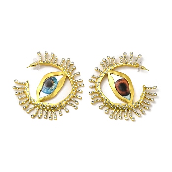 Plastic Evil Eye Stud Earrings with Rhinestone, Alloy Half Hoop Earrings with Brass Pins, Golden, 75x6mm