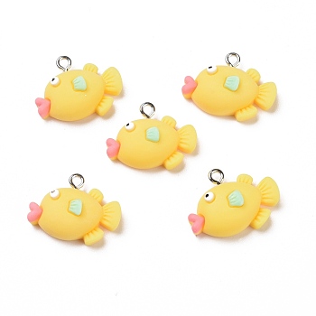 Opaque Resin Pendants, with Platinum Tone Iron Loops, Fish, Yellow, 18x22x8mm, Hole: 2mm