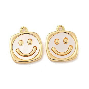 Natural White Shell Pendants, Rack Plating Brass Smiling Face Charms, Real 18K Gold Plated, 16x13x2mm, Hole: 1.6mm