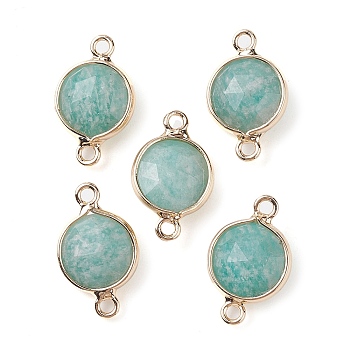 Natural Amazonite Connector Charms, Faceted Flat Round with Golden Plated Brass Frame, 16.5x10.5x5mm, Hole: 1.5mm