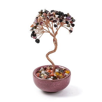 Natural Tourmaline Chips Tree Decorations, Ceramic Bowl Base Copper Wire Feng Shui Energy Stone Gift for Home Desktop Decoration, 60~65x120~130mm