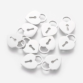 304 Stainless Steel Charms, Heart Padlock, Stainless Steel Color, 12.7x9.7x1mm, Hole: 4.5mm
