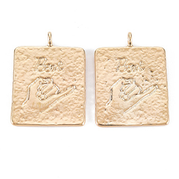 Brass Pendants, Nickel Free, Rectangle with Word Beat & Hand, Real 18K Gold Plated, 26x19x1mm, Hole: 2.5mm