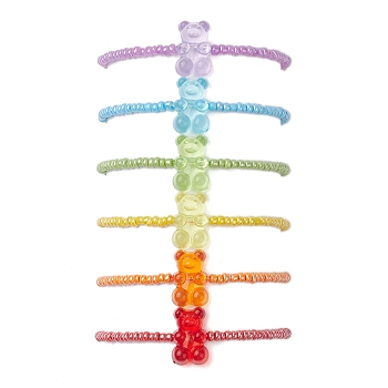 6 PCS Rainbow Style Bear Shape Acrylic Beaded Bracelets Set for Children, with Glass Seed Beads, Mixed Color, 1/8 inch(0.3~0.35cm), Inner Diameter: 1-3/4 inch(4.6cm), 6pcs/set