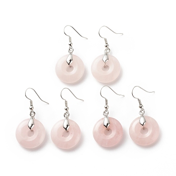 Natural Rose Quartz Donut Dangle Earrings, Platinum Plated Brass Jewelry for Women, Cadmium Free & Lead Free, 41mm, Pin: 0.6mm