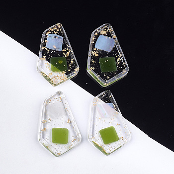 Transparent Resin Cabochons, with Shell and Gold Foil, Polygon, Yellow Green, 43.5x26x5mm