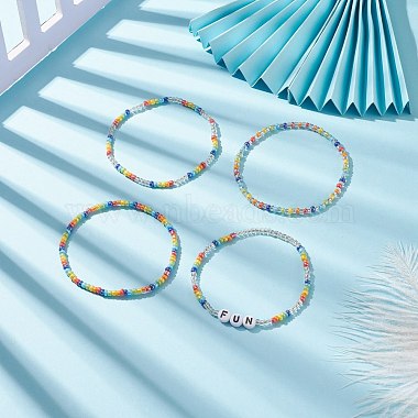 4Pcs 4 Style Word Fun Acrylic & Glass Seed Beaded Stretch Bracelets Set for Women(BJEW-JB08619)-2