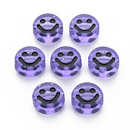 Transparent Acrylic Beads, with Glitter Powder, Flat Round with Black Enamel Smile Face, Medium Slate Blue, 10x5mm, Hole: 2mm, about 1450pcs/500g(MACR-N008-55-A05)