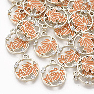 Autumn Theme Alloy Enamel Pendants, with Rhinestones, Light Gold, Flat Round with Maple Leaf, Coral, 18x15.5x2.5mm, Hole: 1.6mm(ENAM-N048-010A)