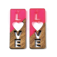 Resin and Walnut Pendants, Rectangle with Word Love, For Valentine's Day Gift, Camellia, 40x15.5x3.5mm, Hole: 1.8mm(WOOD-I013-01C)