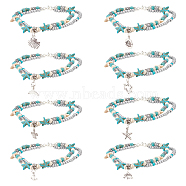 8Pcs 8 Style Synthetic Turquoise Starfish & Seed & Resin Beaded Double Layer Multi-strand Anklets Set, Tortoise & Shell & Whale Tail Shape Alloy Charms Ocean Anklets for Women, Turquoise, 9-5/8~10 inch(24.3~25.4cm), 1Pcs/style(AJEW-AN0001-03)