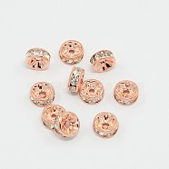 Brass Rhinestone Spacer Beads, Grade AAA, Straight Flange, Nickel Free, Rose Gold Metal Color, Rondelle, Crystal, 8x3.8mm, Hole: 1.5mm(X-RB-A014-Z8mm-01RG-NF)