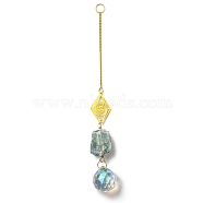 Wire Wrapped Nuggets Natural Fluorite Pendant Decorations, Brass Rhombus and Glass Round Tassels Hanging Ornaments, 245mm, Hole: 11mm(HJEW-C008-01E-G)