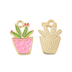 Alloy Enamel Pendants, Potted Plant Charm, Golden, Hot Pink, 22x14.5x1.5mm, Hole: 2.5mm(ENAM-G211-01G-08)