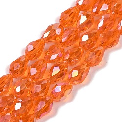 Transparent Electroplate Glass Beads Strands, AB Color Plated, Faceted, Teardrop, Dark Orange, 15x10mm, Hole: 1.6mm, about 46~48pcs/strand, 27.95''(71cm)(EGLA-N013-T10mm-B09)