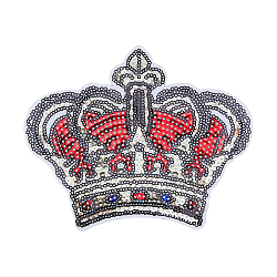 Computerized Embroidery Cloth Iron On Sequins Patches, Stick On Patch, Costume Accessories, Appliques, Crown, Red, 124x164x1mm(PATC-WH0001-32)