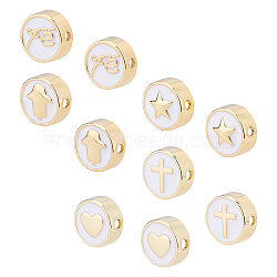 BENECREAT Brass Enamel Beads, Long-Lasting Plated, Flat Round with Mixed Shapes, White, Real 18K Gold Plated, 10pcs/box(KK-BC0001-44G)