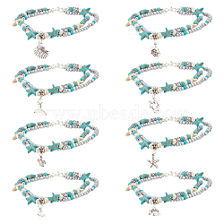 8Pcs 8 Style Synthetic Turquoise Starfish & Seed & Resin Beaded Double Layer Multi-strand Anklets Set, Tortoise & Shell & Whale Tail Shape Alloy Charms Ocean Anklets for Women, Turquoise, 9-5/8~10 inch(24.3~25.4cm), 1Pcs/style(AJEW-AN0001-03)