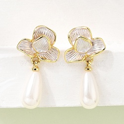 Brass Enamel Stud Dangle Earrings, Flower, with ABS Plastic Pearl, Cadmium Free & Lead Free, Rack Plating, Long-Lasting Plated, Golden, 28.5x14.5mm(KK-CBAB173-02A-G)