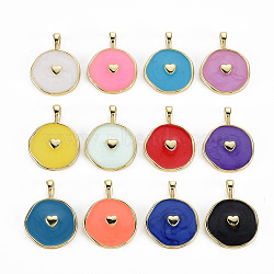 Brass Enamel Pendants, Cadmium Free & Nickel Free & Lead Free, Real 16K Gold Plated, Flat Round with Heart, Mixed Color, 20.5x15.5x4.5mm, Hole: 2.5x3.5mm(KK-Q283-027-NR)