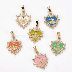 Brass Clear Cubic Zirconia Pendants, with Enamel, Long-Lasting Plated, Real 18K Gold Plated, Heart and Eye, Mixed Color, 23x19x3mm, Hole: 2.5x6mm(ZIRC-J025-67G)