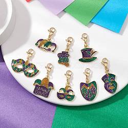 8Pcs 8 Styles Carnival/Mardi Gras Theme Alloy Enamel & Glitter Powder Pendants Decoration, with Zinc Alloy Lobster Claw Clasps, Mixed Color, 27.5~39mm, 1pc/style(HJEW-JM02997)