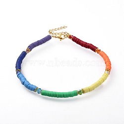 Handmade Polymer Clay Anklets, with Faceted Glass Beads, Tibetan Style Alloy Spacer Beads, 304 Stainless Steel Twisted Chains and Lobster Claw Clasps, Colorful, 9-5/8 inch(24.6cm), 4mm(AJEW-AN00273)