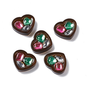 Opaque Acrylic Cabochons, with Rhinestone, Heart, Coconut Brown, 23.5x26.7x7mm